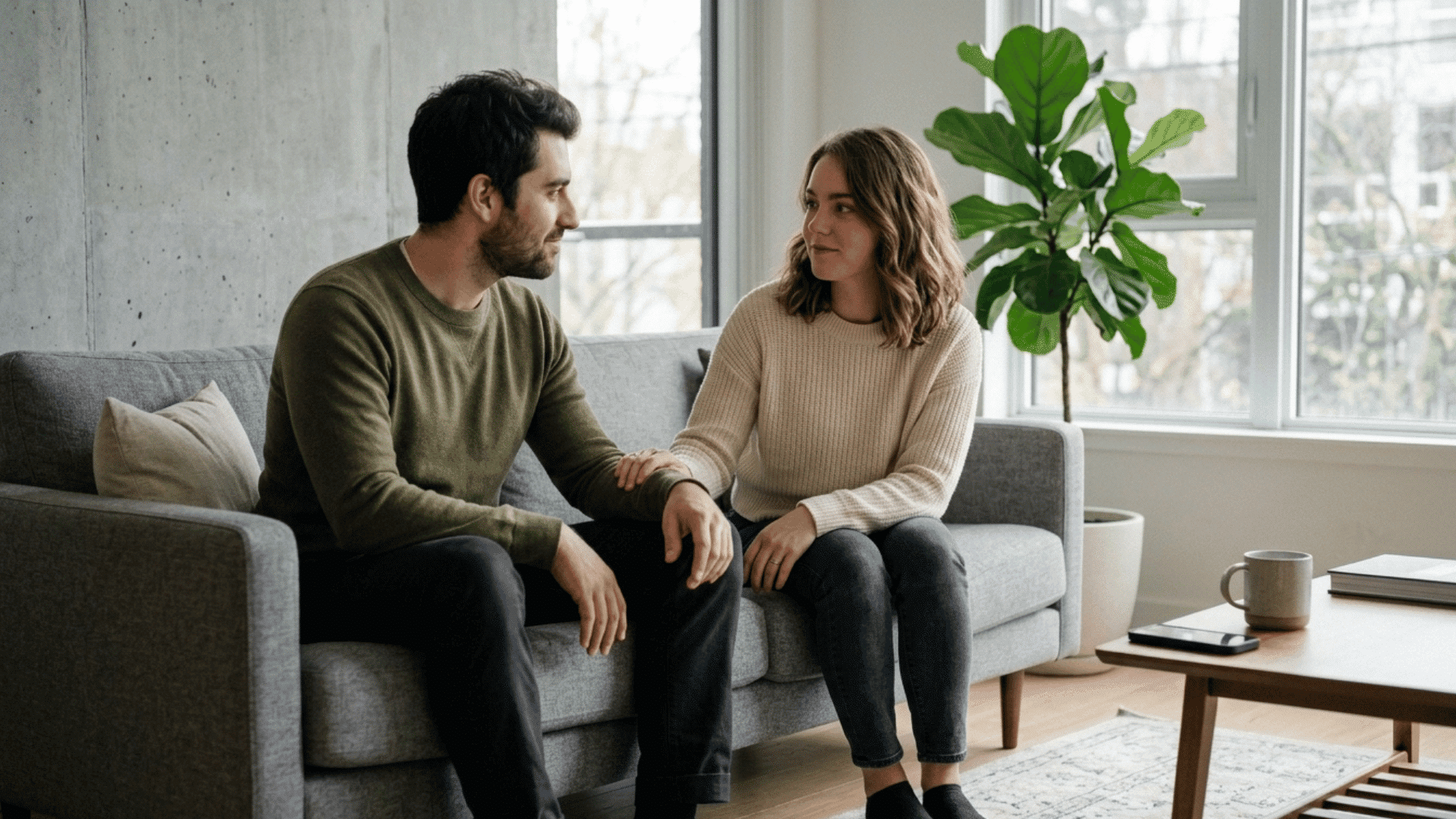 couple having an open conversation while supporting each other through relationship concerns