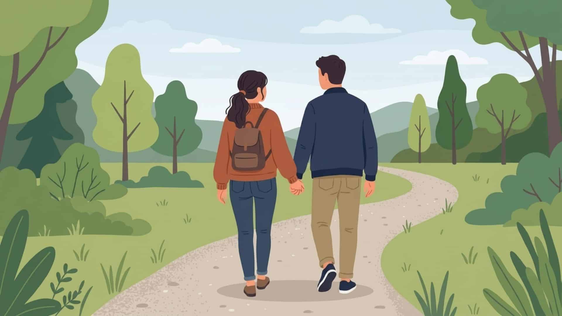 couple holding hands while walking along a quiet path surrounded by trees and hills
