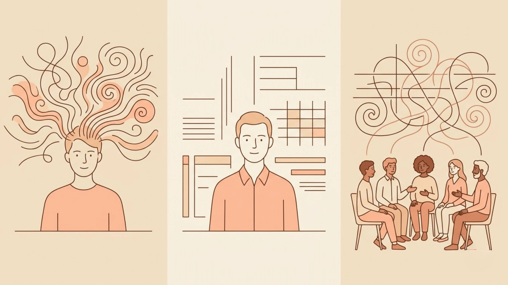 illustration showing varied neurological experiences with unique thinking patterns and individual brain differences
