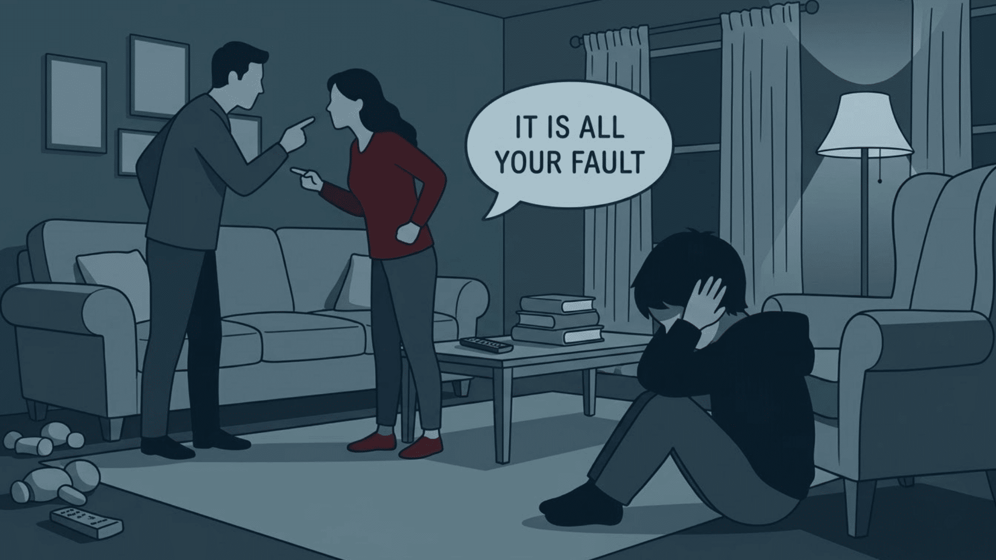 sad child covers ears as parents fight in background with speech bubble saying it is all your fault illustration
