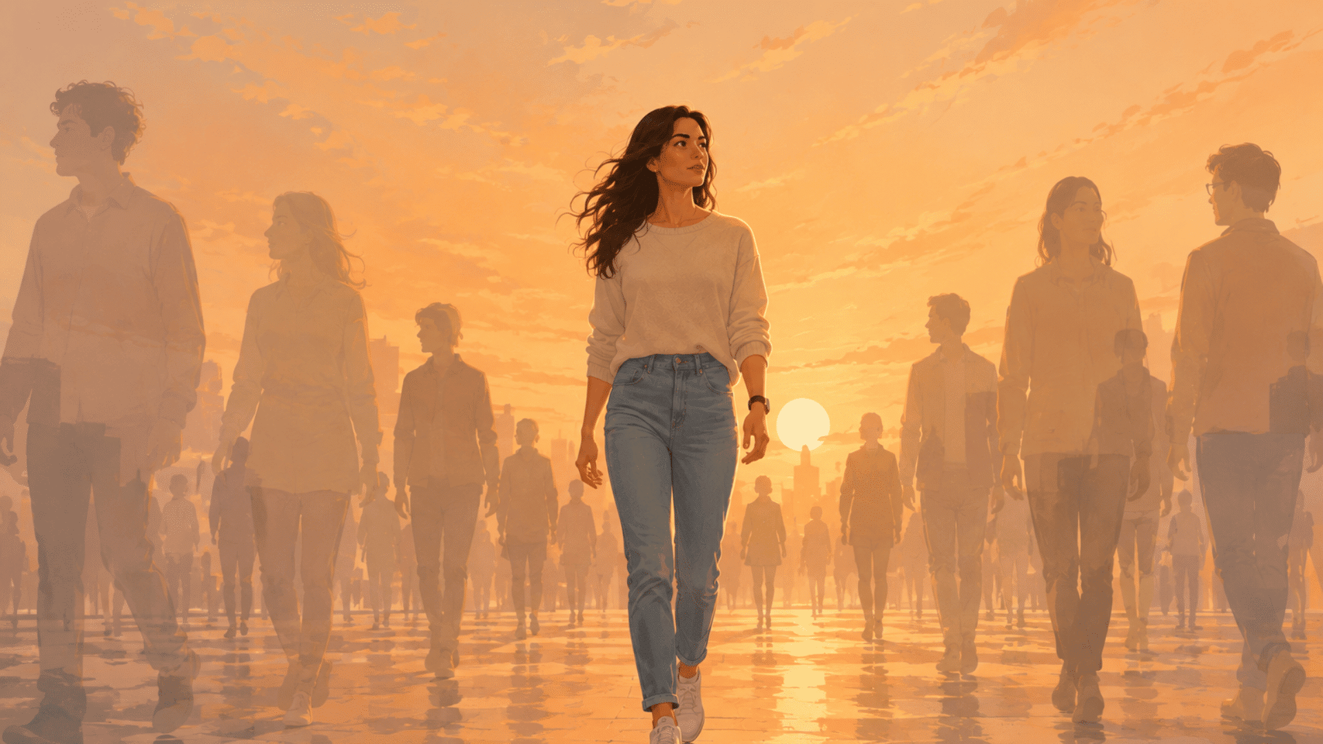 illustration of a confident person walking forward as faded silhouettes of onlookers fade behind them
