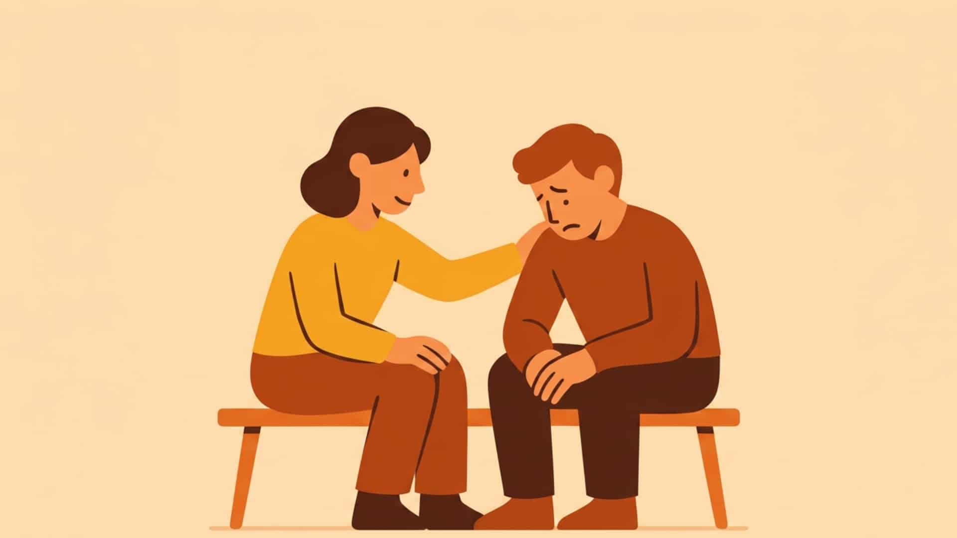 illustration of one person comforting another who looks sad, showing emotional support, empathy, and emotional intimacy.