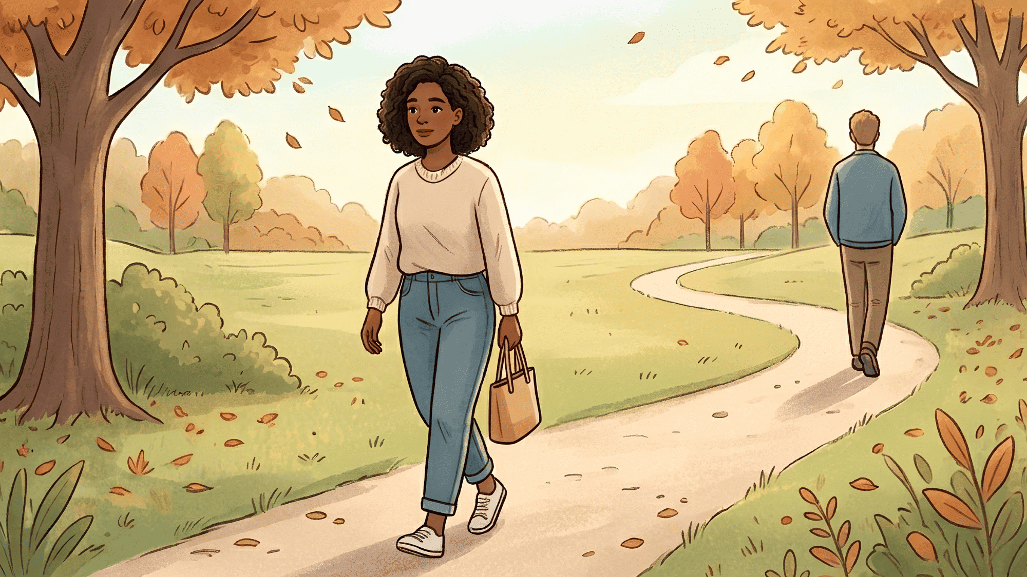 person walking away after ending a <echighlighted><echighlighted><echighlighted>toxic relationship</echighlighted></echighlighted></echighlighted> while former partner walks in the opposite direction in a park