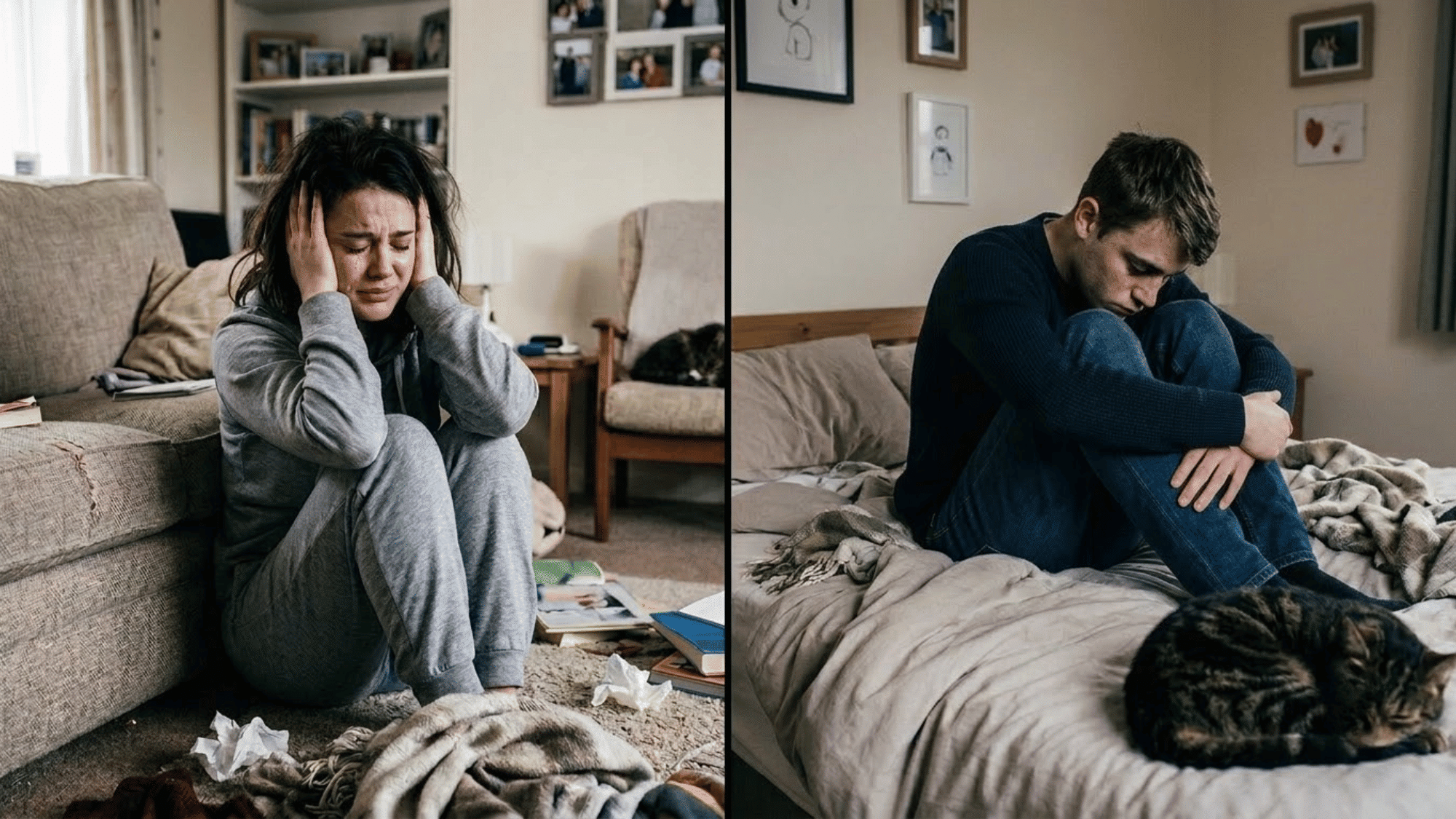 split image showing autism meltdown and shutdown responses with adults experiencing emotional overwhelm in different ways