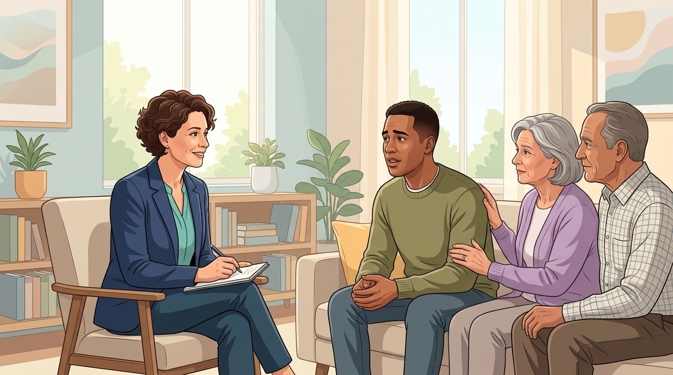 mental health professional evaluating an individual with family support nearby