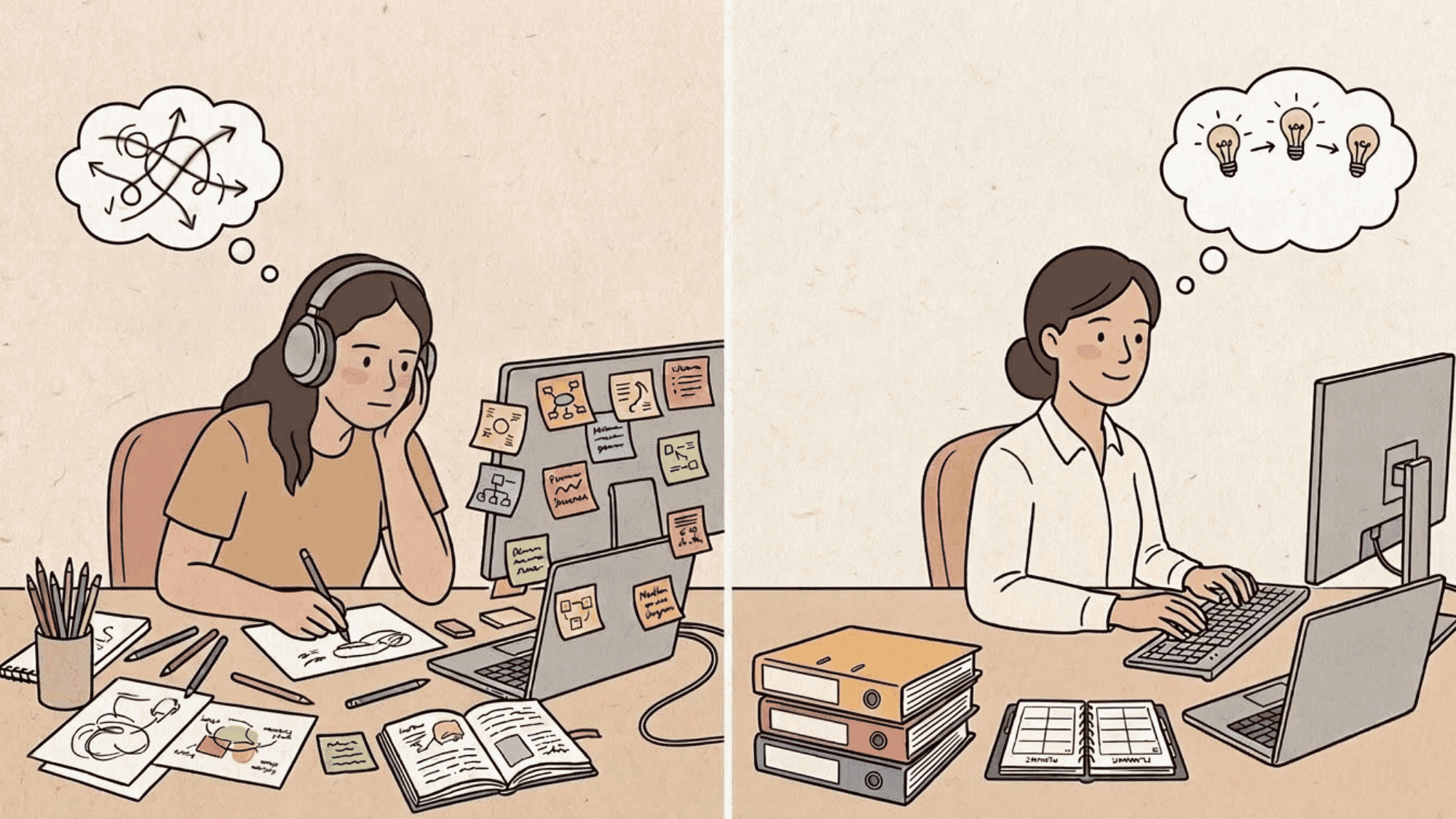 comparison of neurodivergent and neurotypical experiences through different work styles and thinking patterns