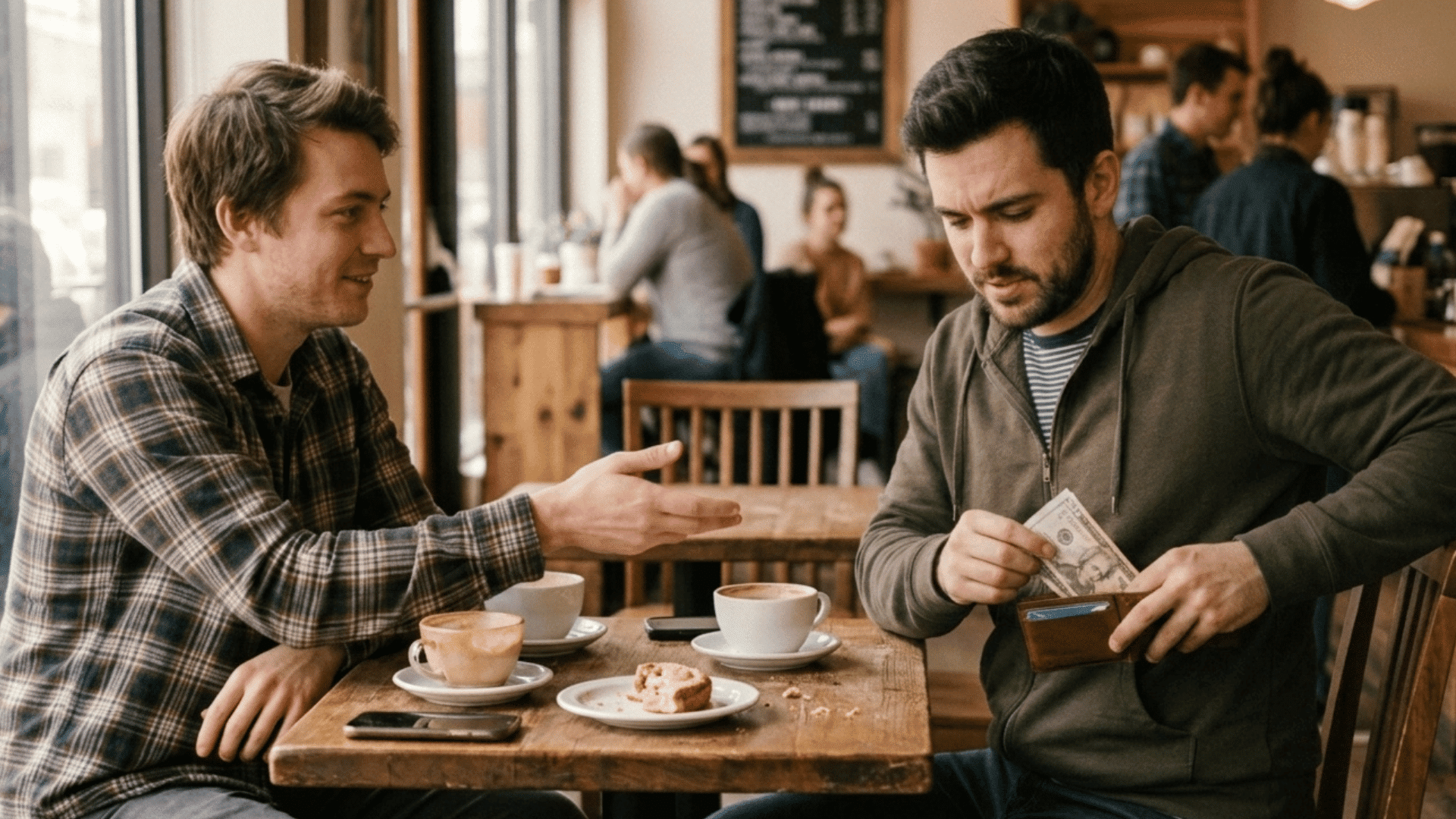 man hesitating while paying the bill with his friend