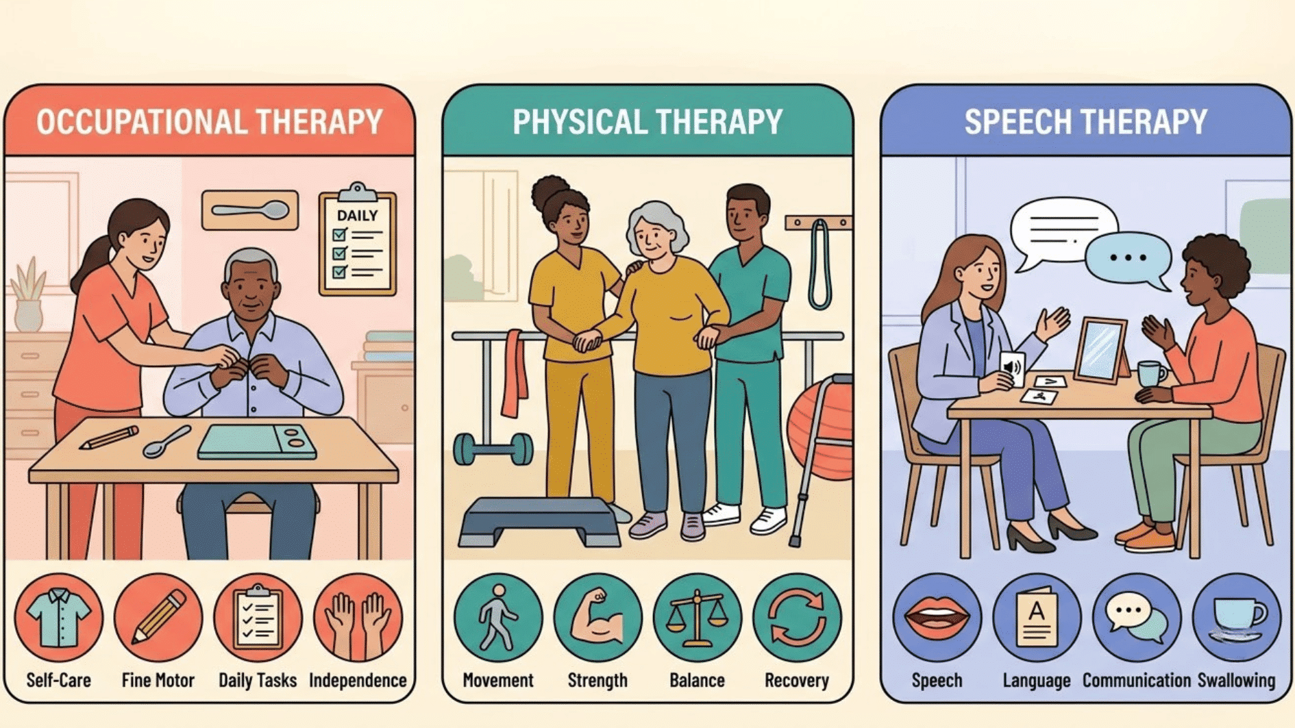a colorful horizontal infographic titled <echighlighted>occupational therapy vs physical therapy</echighlighted> vs speech therapy at a glance