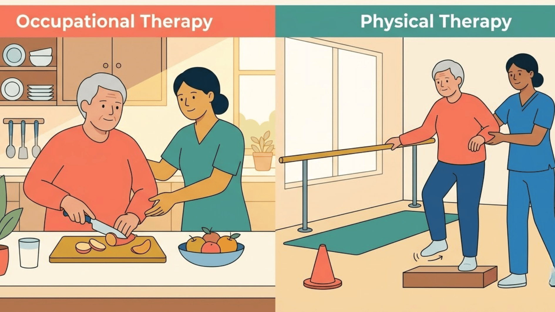 a colorful editorial vector illustration showing occupational therapy and physical therapy side by side