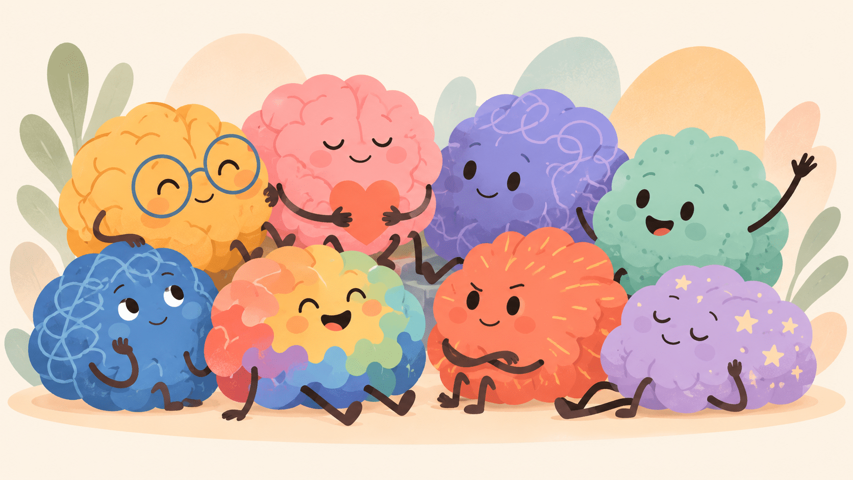 illustration of diverse brain characters representing neurodivergent, neurotypical, and neurodiverse traits together