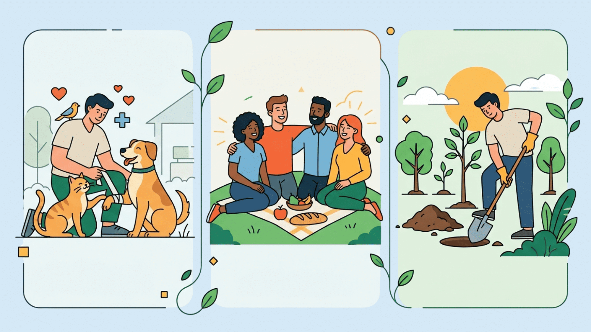 illustration showing people caring for animals spending time with friends and planting trees to represent meaningful passions