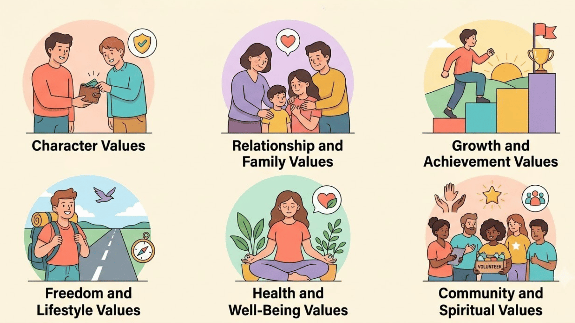 six types of personal core values including character family growth freedom health community and spiritual values