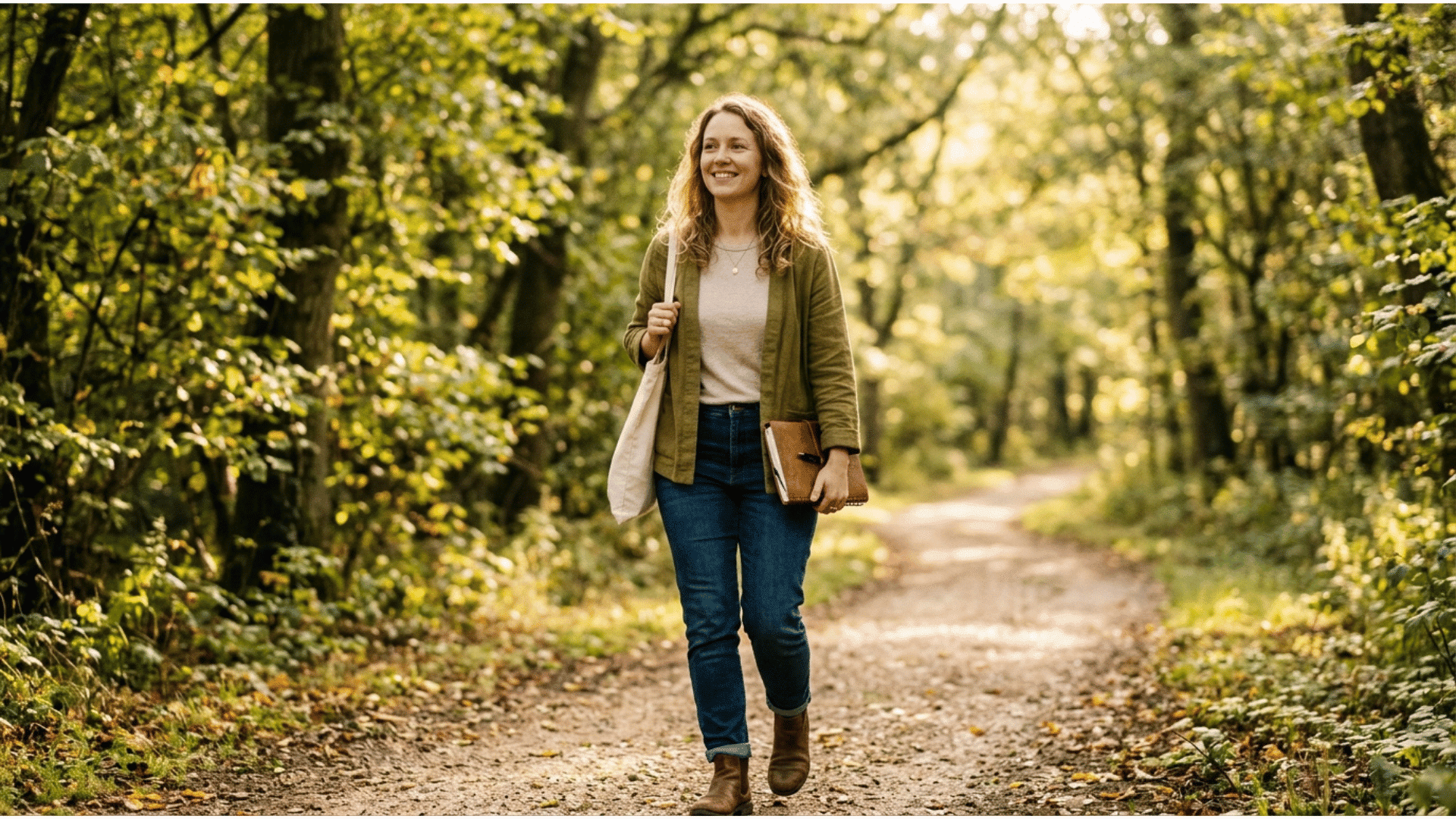 woman walking outdoors with a journal, smiling while rebuilding her life
