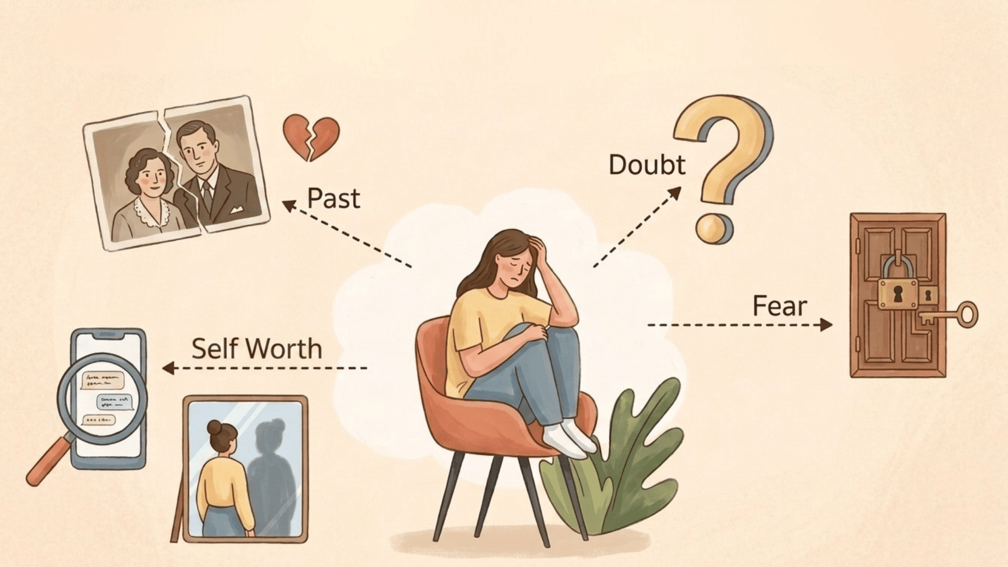 person experiencing relationship anxiety with thoughts about doubt fear and past experiences