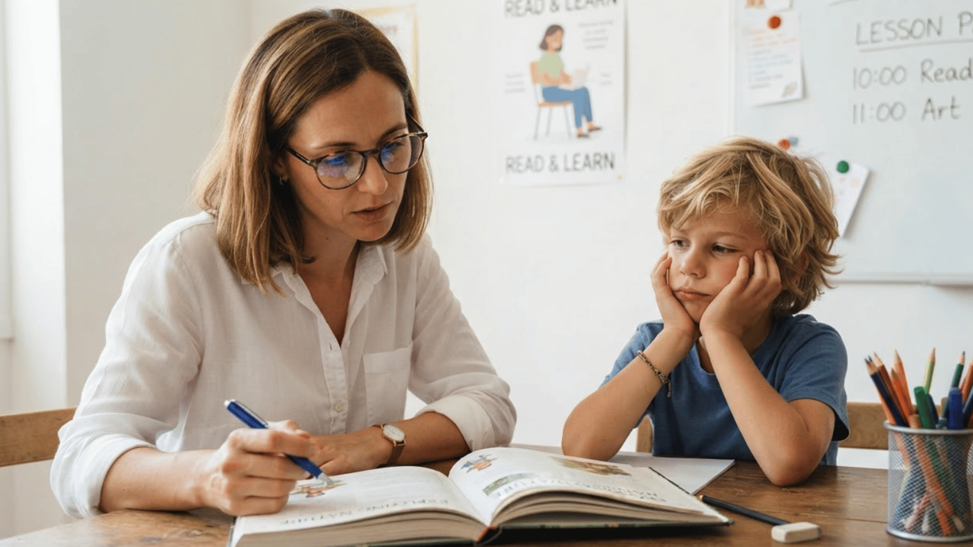 a female teacher with glasses explains a lesson from a textbook to a young boy at a desk in a classroom