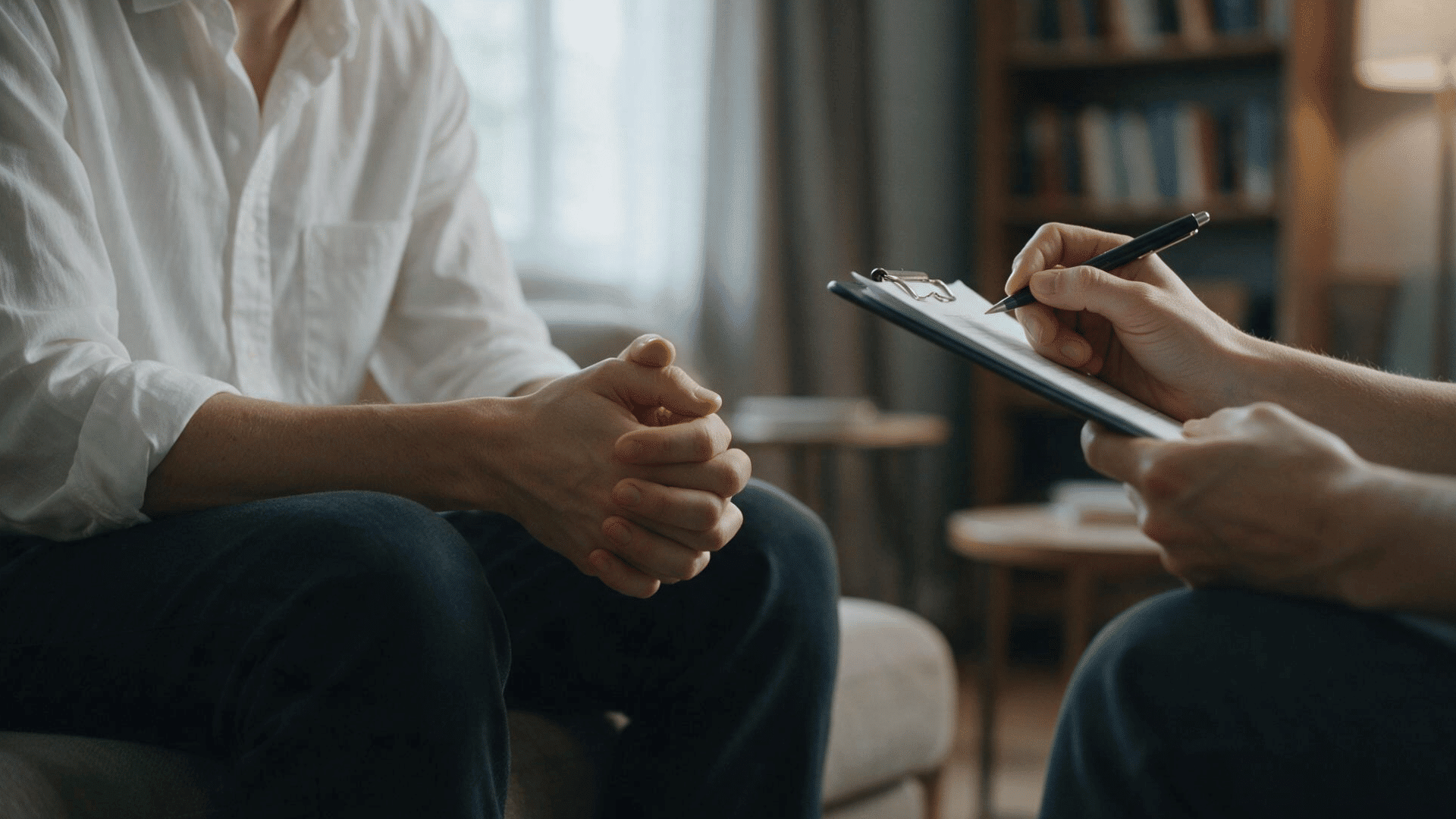 close-up of a therapist taking notes on a clipboard during a session with a seated patient