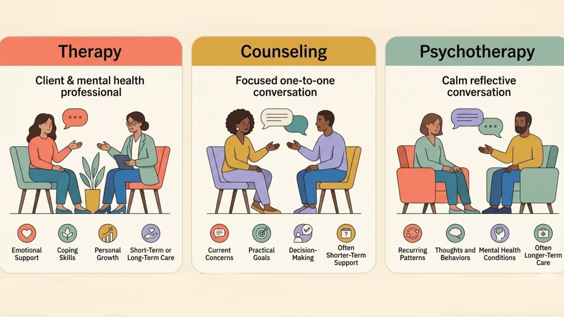 a three column illustration showing <echighlighted><echighlighted>therapy vs counseling</echighlighted></echighlighted> vs psychotherapy