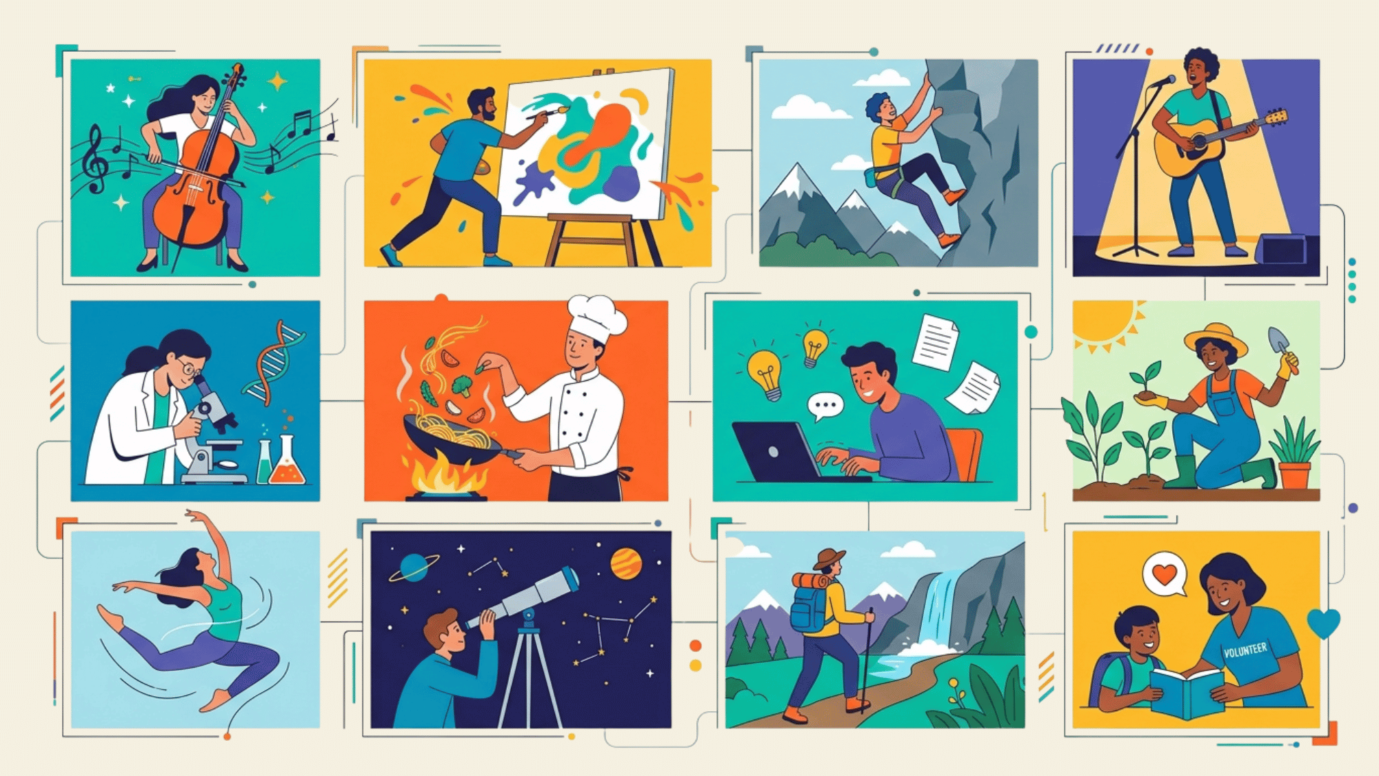 illustration showing creative hobbies learning fitness outdoor adventures and volunteering as different passions to explore