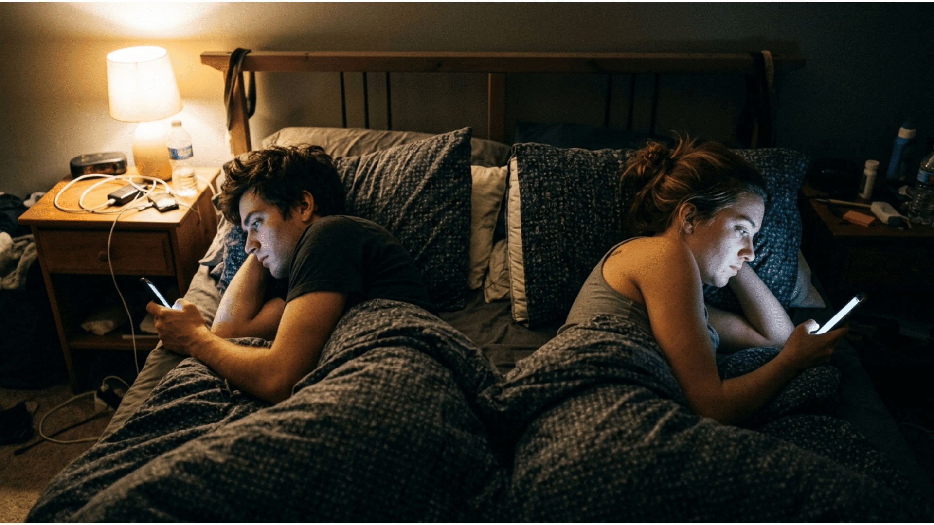 couple lying apart in bed using phones during emotional distance