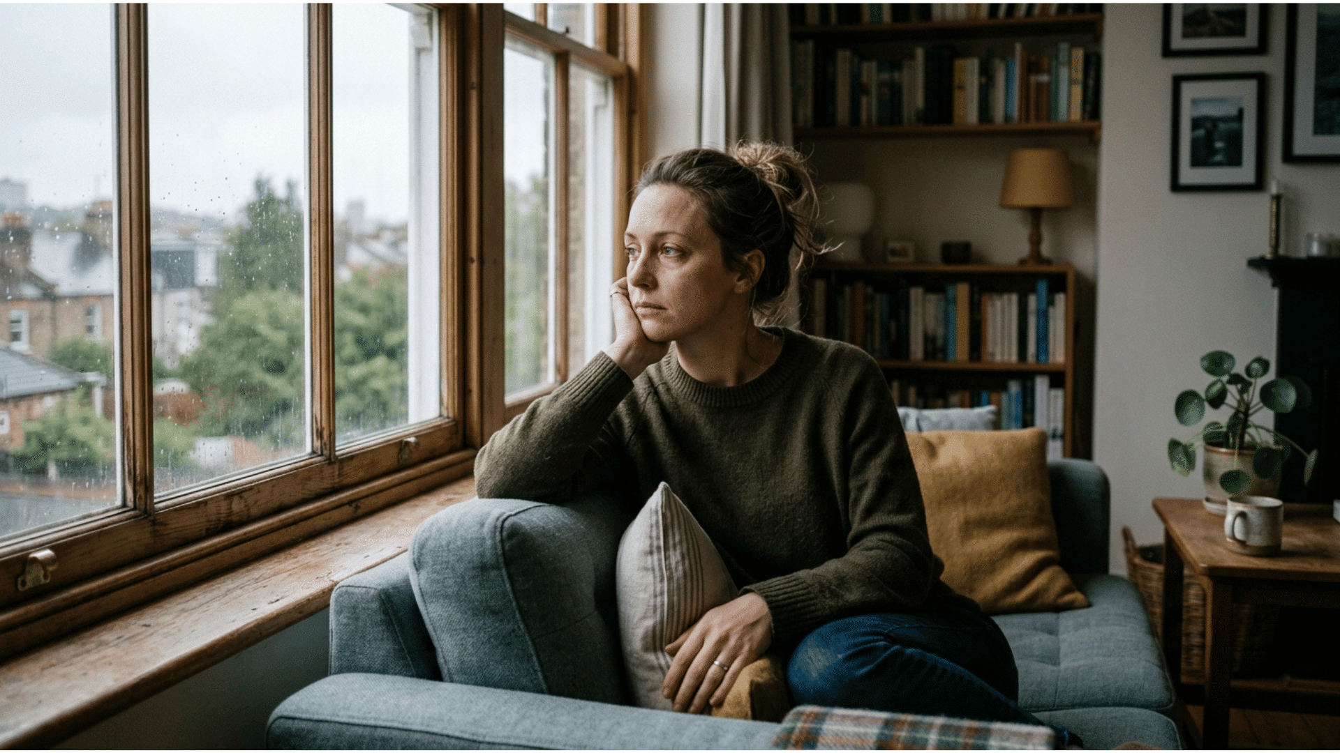 woman sitting indoors looking thoughtful while gazing out a rainy window