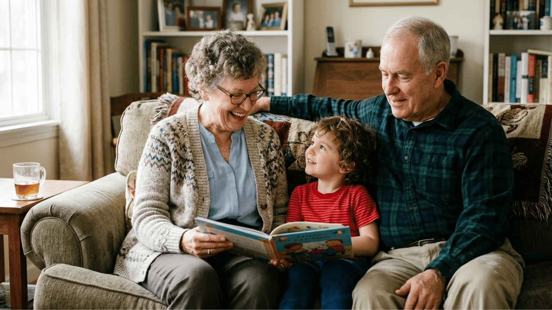 a grandchild sitting with grandparents on a sofa and reading a book
