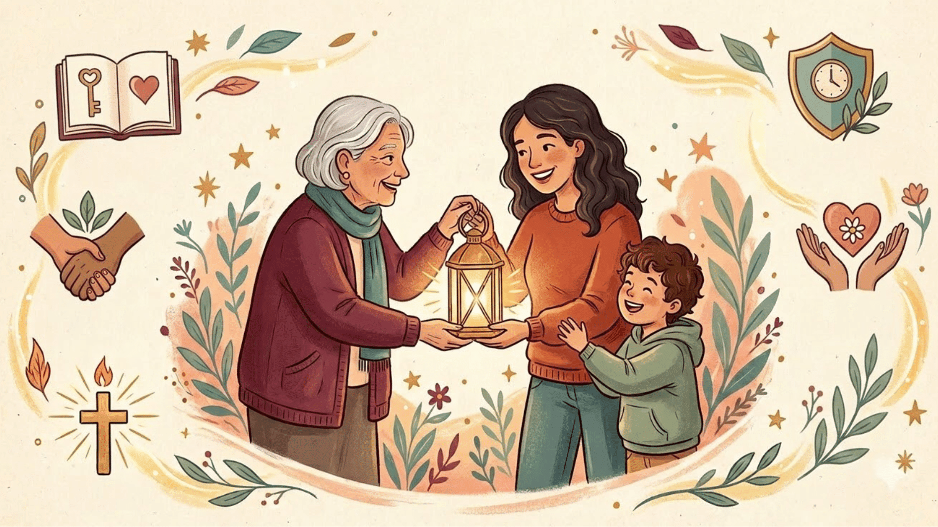 a grandparent passing a glowing lantern to a parent, who then shares its light with a child