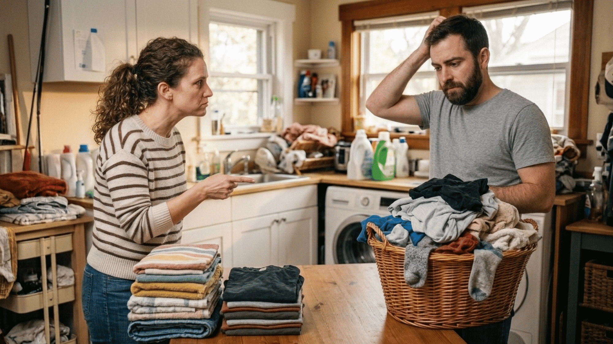 woman asking partner to fold laundry while he appears confused beside a basket of clothes