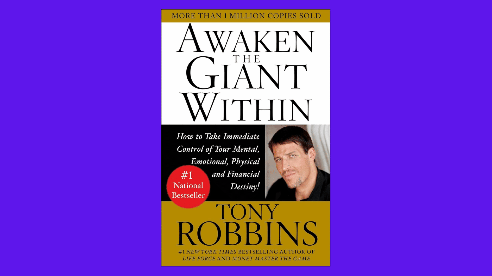 awaken the giant within book cover by tony robbins with black white and gold design featuring his portrait on the front