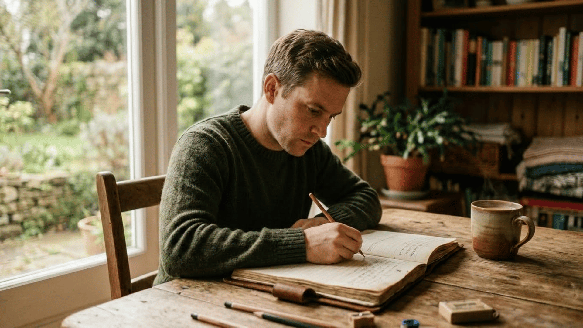 boy writing in a journal at a wooden desk near a window