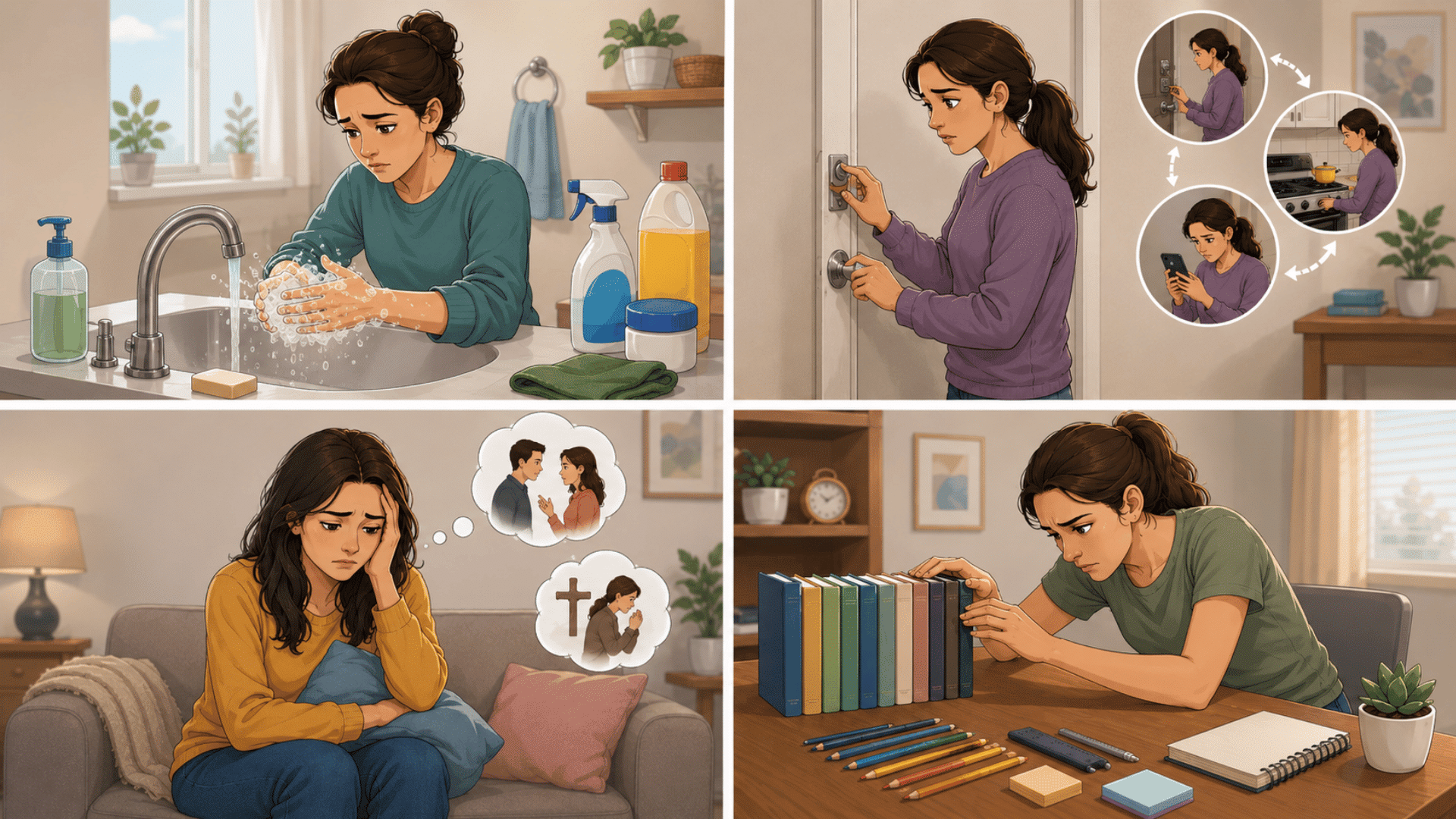 four-panel illustration showing contamination, checking, intrusive thoughts, and symmetry OCD behaviors