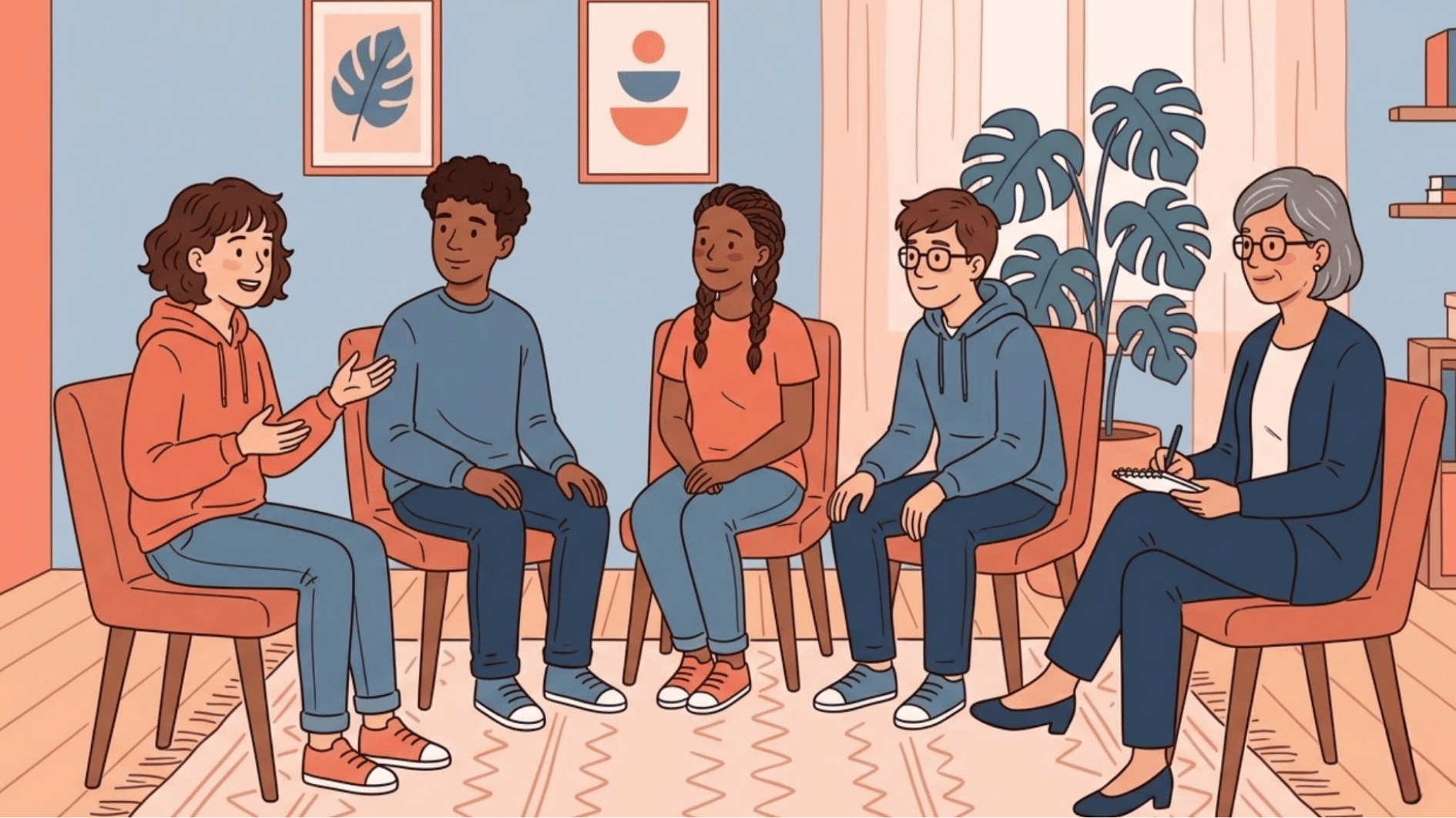 teens sitting in a circle during a group therapy session discussing feelings with a facilitator