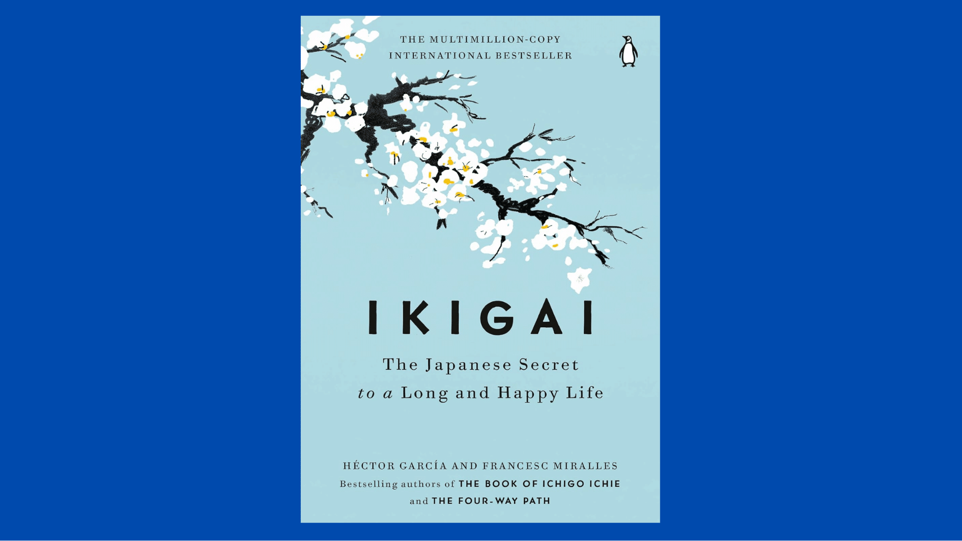 ikigai book cover with pale blue background cherry blossoms and black title lettering