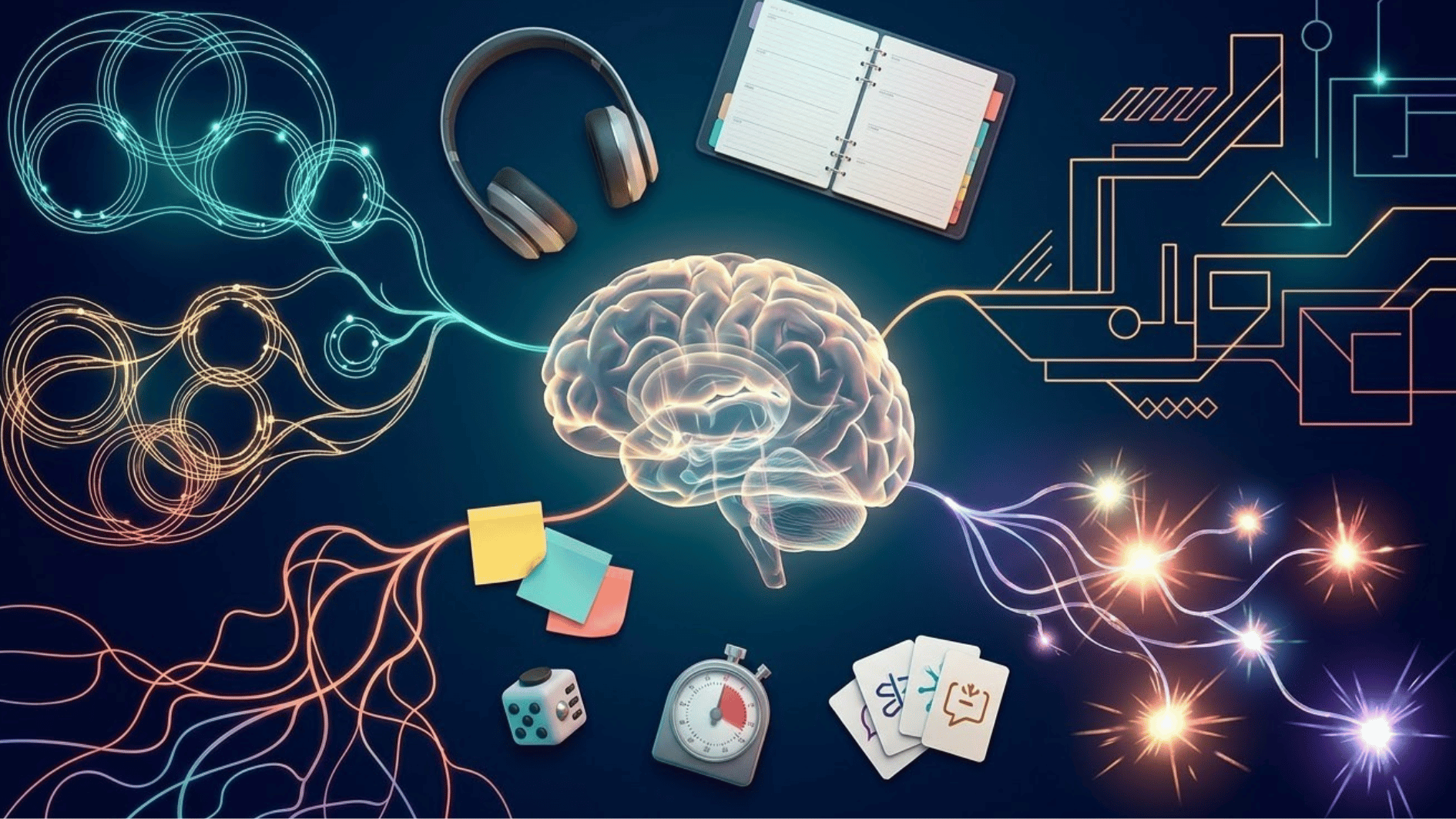 glowing blue brain surrounded by looping thoughts, locks, clocks, notes, and everyday objects representing OCD and intrusive thoughts