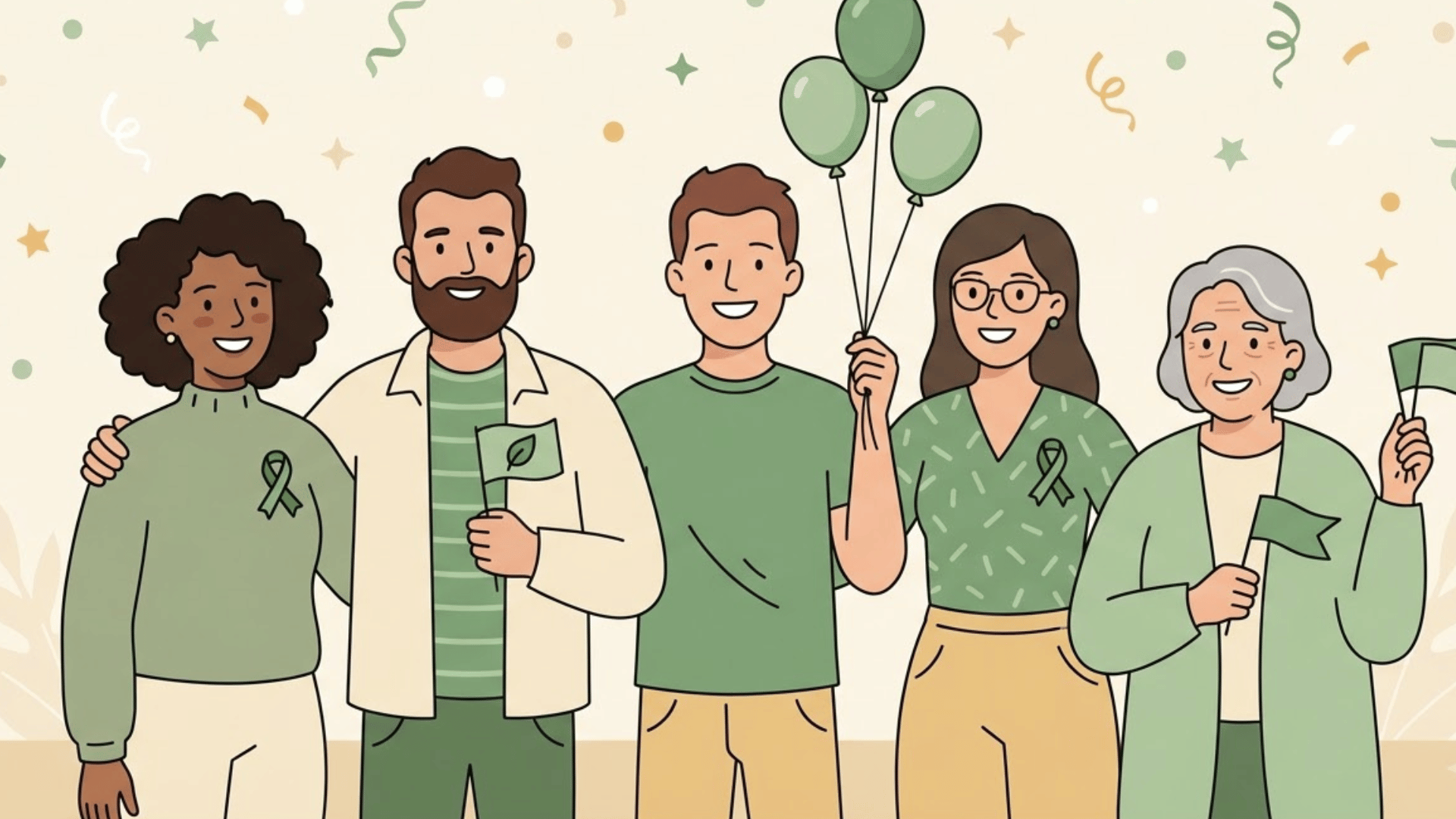 2d illustration of people celebrating mental health awareness month together