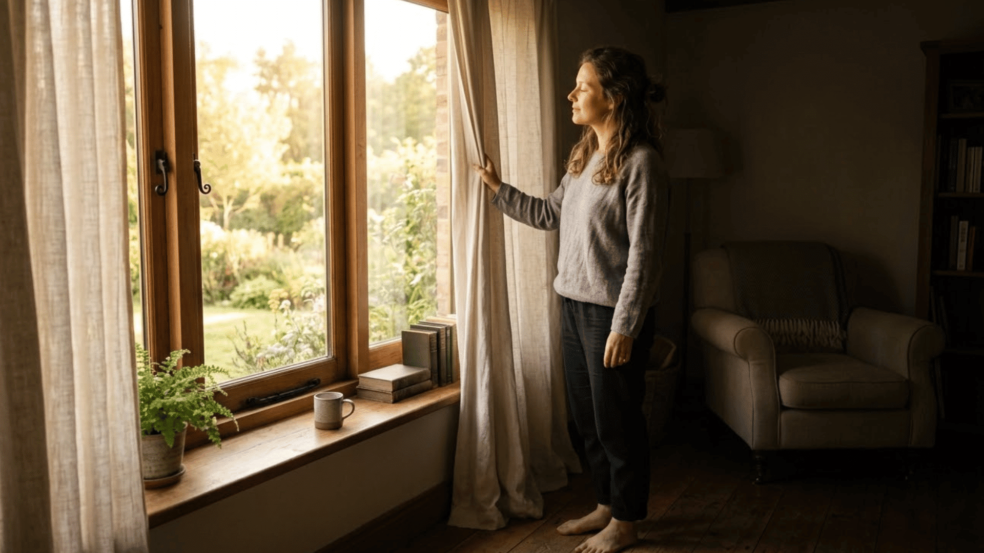 person opening curtains to soft morning light, representing emotional intelligence quotes