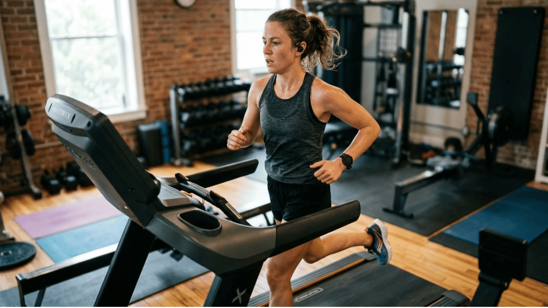 person running on a treadmill with visible effort and focus