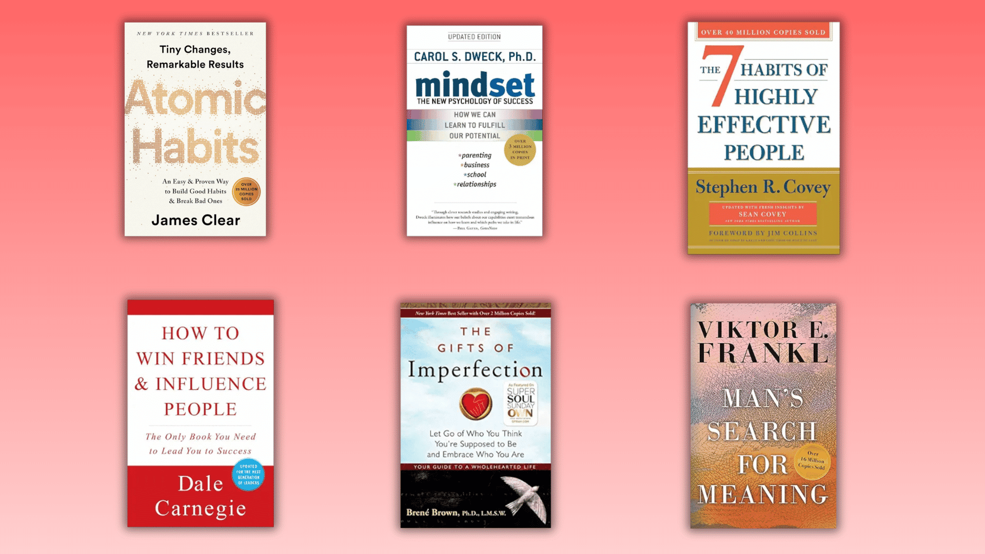 six popular self-help books arranged in two rows on a soft pink background with subtle drop shadows
