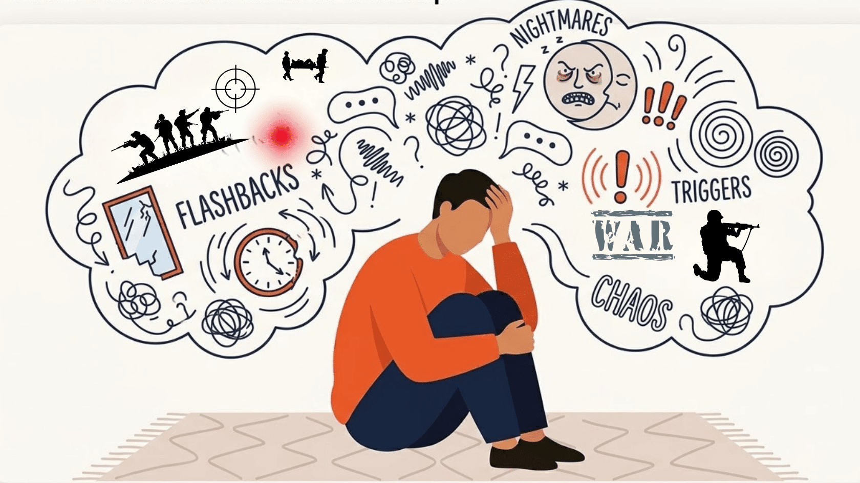 illustration of a distressed veteran experiencing ptsd symptoms, including flashbacks, nightmares, triggers, and memories of war