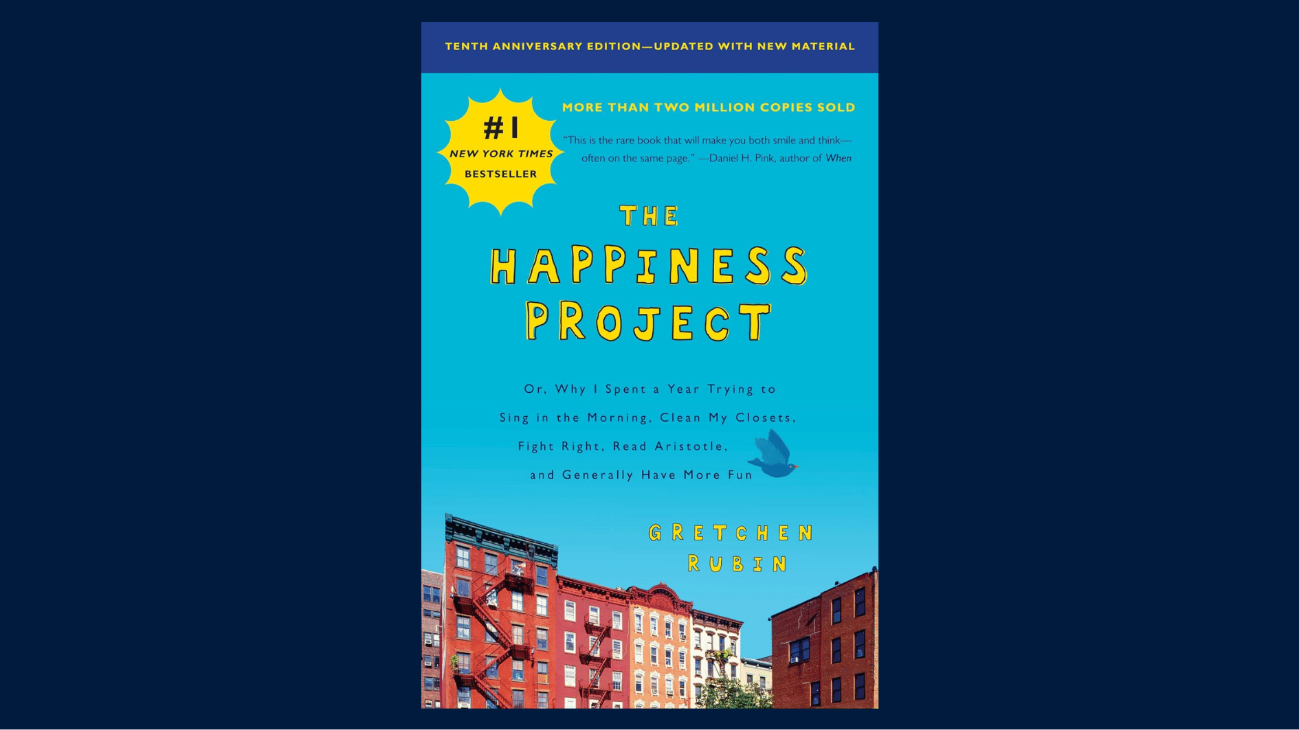 the happiness project book cover by gretchen rubin with blue background yellow text and city buildings at the bottom