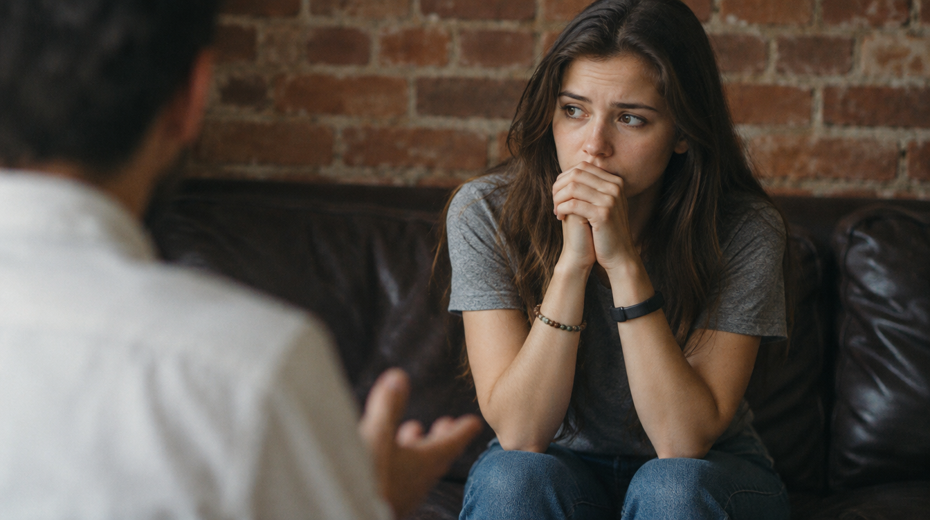teenage girl in a therapy session talking with her counselor in office