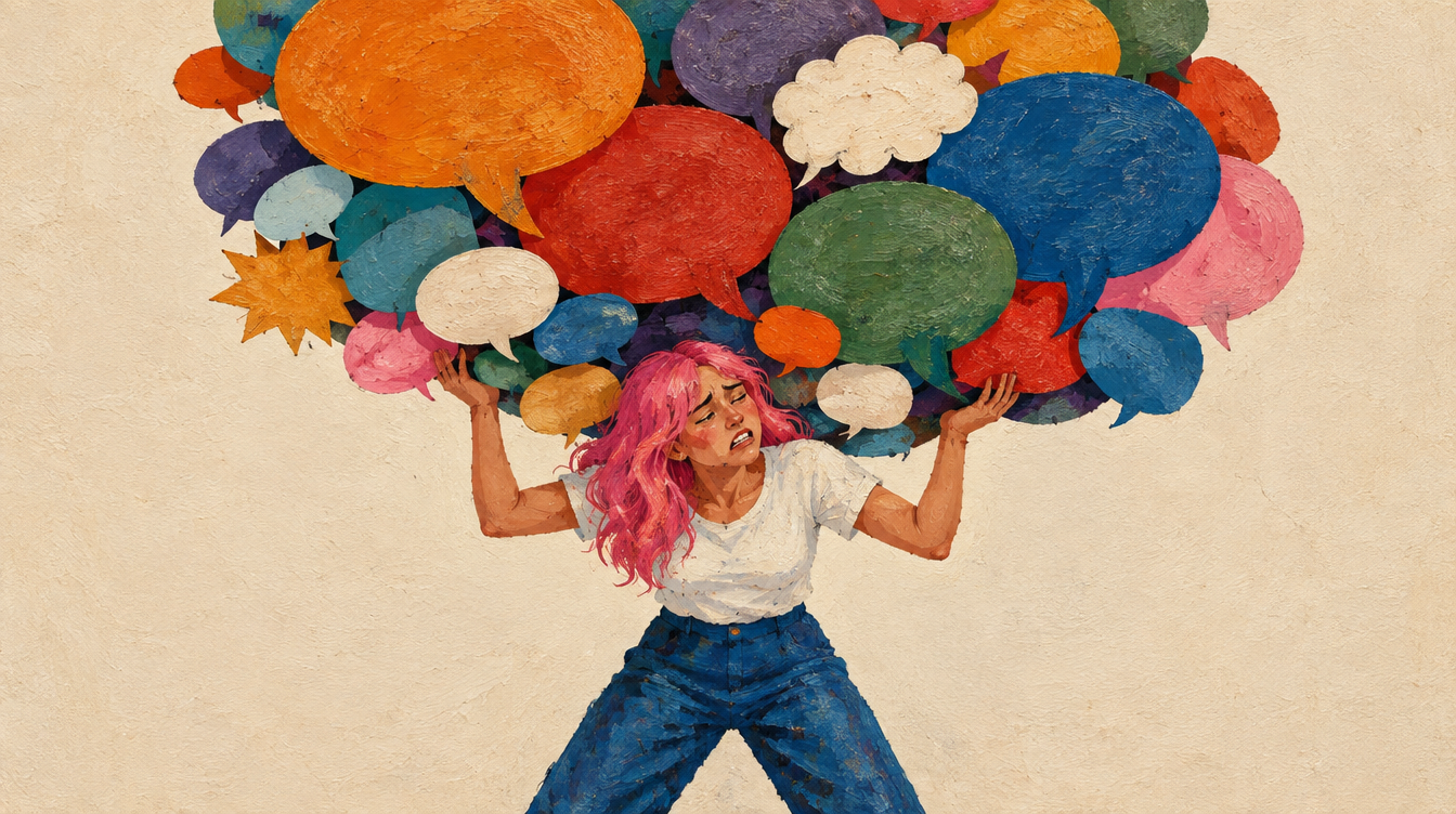 a woman with pink hair, wearing a white shirt and blue pants, is struggling to hold a large cluster of colorful speech bubbles above her head