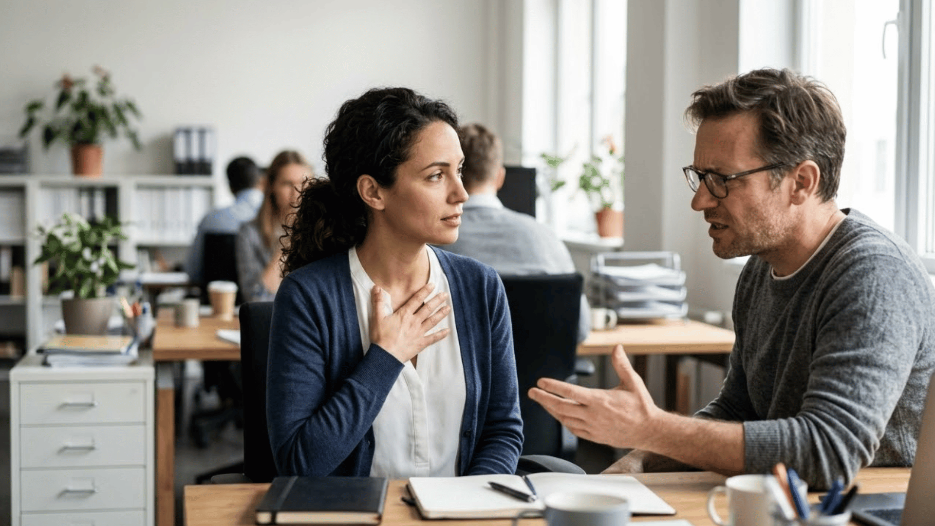 woman staying composed during a tense workplace conversation, representing emotional intelligence quotes on self-awareness