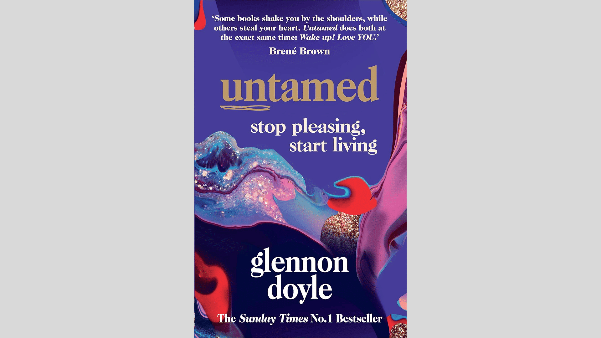 untamed book cover by glennon doyle with purple, blue, pink, and gold abstract art in a bold flowing design