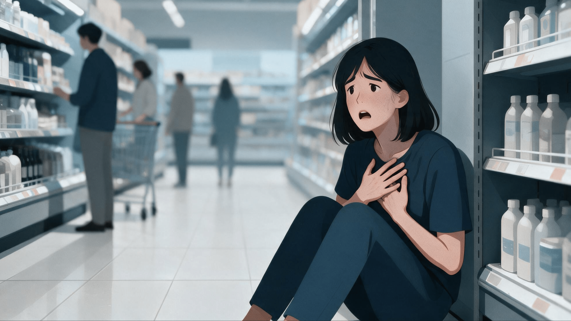 Young woman experiencing a panic attack while sitting on the floor of a supermarket aisle, holding her chest as shoppers move in the background.