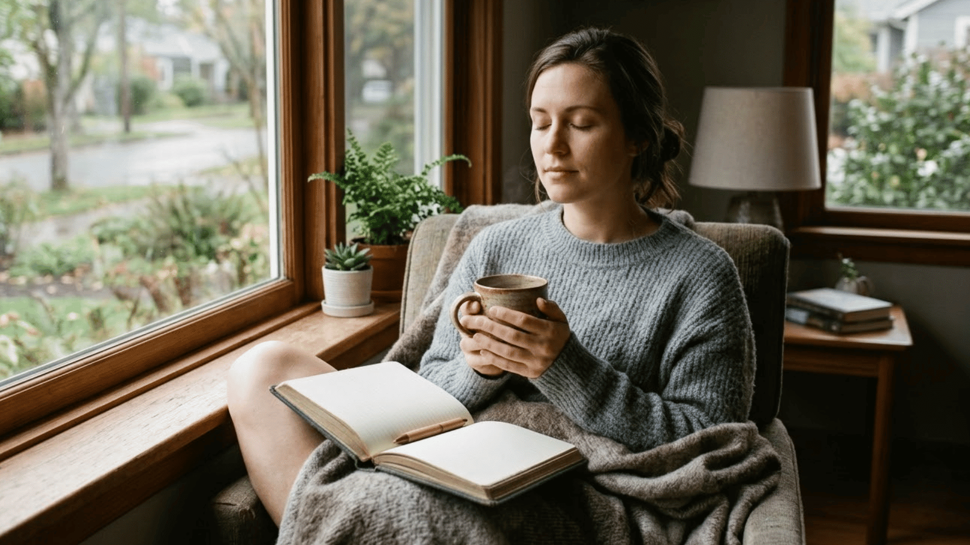 woman holding coffee and pausing by a window, representing <echighlighted><echighlighted><echighlighted>emotional intelligence quotes</echighlighted></echighlighted></echighlighted> for personal reflection