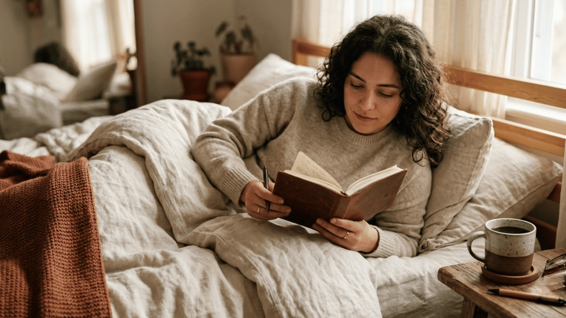 woman journaling in bed with coffee on a quiet morning, representing <echighlighted><echighlighted><echighlighted>emotional intelligence quotes</echighlighted></echighlighted></echighlighted> for everyday reading