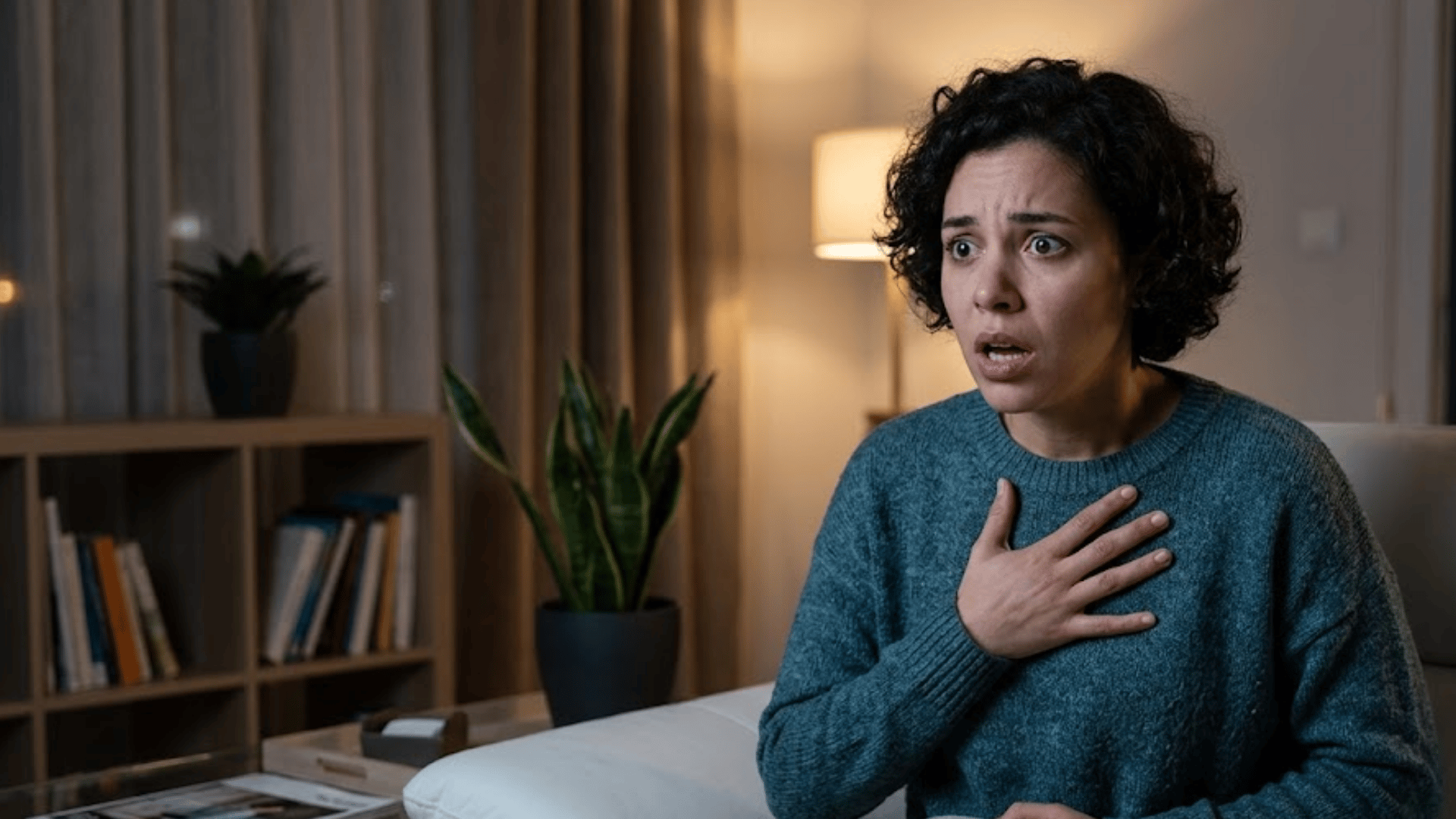 woman experiencing panic symptoms while sitting on a sofa with hand on chest at home